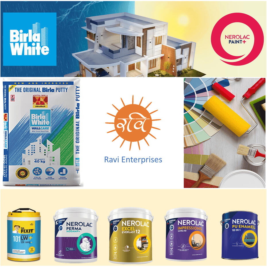 Ravi Enterprises, Mopka, Bilaspur is Dealer of Nerolac Paints and Birla White Putti. Picture shows range of Wall paint products available.